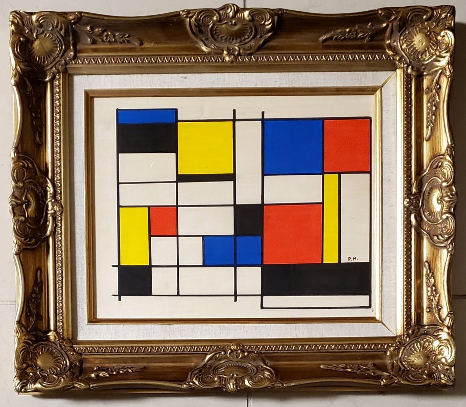 PM Piet Mondrian Painting Geometric Dutch American: This lot consists of a hand painted mixed media on hard paper in the style of Piet Mondrian (American, 1960-1988).The painting bears a signature in the lower right corner. Mondrian was a Dutch painter