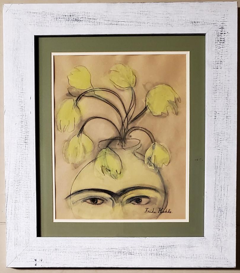 Frida Kahlo Drawing Hand Painted Mexican Art: This lot consists of a hand painted mixed media on in the naive folk style of Frida Kahlo. Frida Kahlo de Rivera was a Mexican painter known for her self-portraits. Kahlo\'s life began and ended in Me
