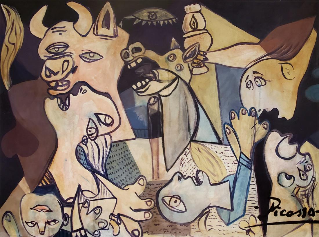 Pablo Picasso Cubist Surrealism Female Male Oil Large: This lot consists of a hand painted large oil on canvas in the style of Pablo Picasso. The illustration depicts 8+ figures males, females, horses, and bulls, in the surrealism cubism style period of t
