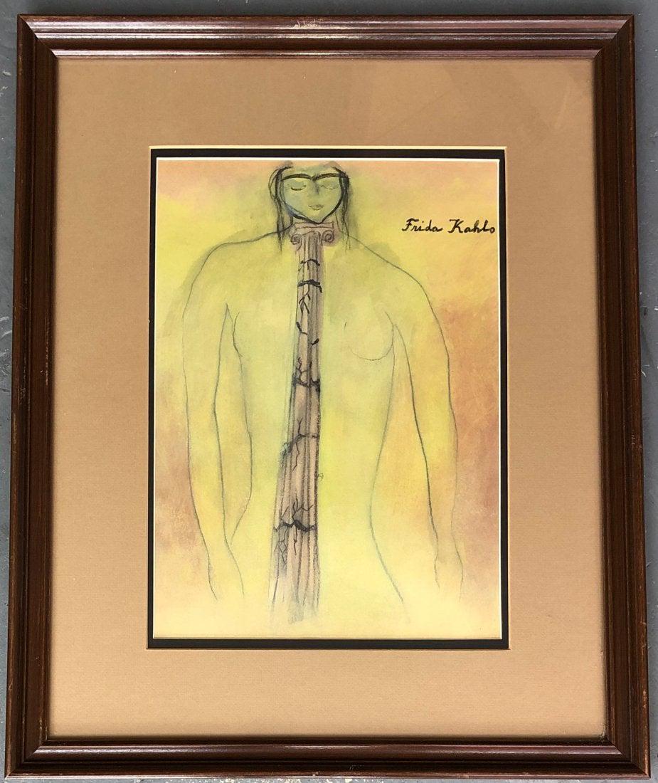 Frida Kahlo Mexican Drawing Hand Painted New york: This lot consists of a hand drawn mixed media on paper in the naive folk style of Frida Kahlo. Frida Kahlo de Rivera was a Mexican painter known for her self-portraits. Kahlo\\\'s life began and ended