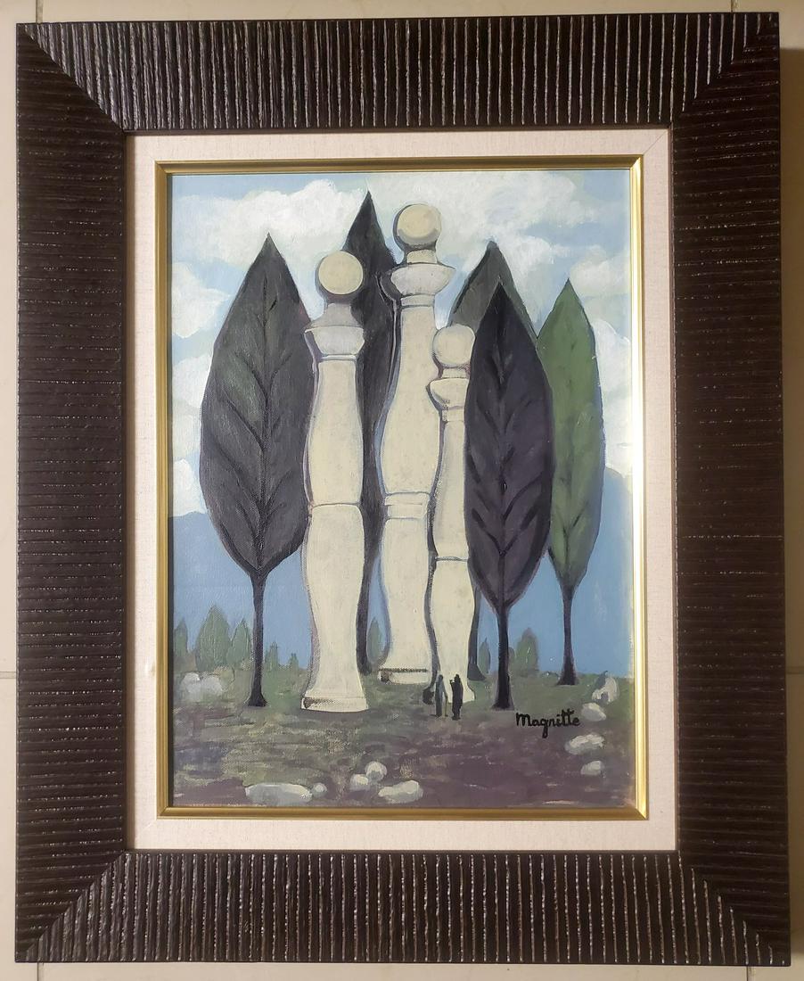 Rene Magritte Surrealist Landscape Belgian Oil Canvas: This lot consists of a hand painted oil on panel canvas surrealist landscape in the style of Rene Magritte. T Rene Franois Ghislain Magritte (21 November 1898 -15 August 1967) was a Belgian surrealist