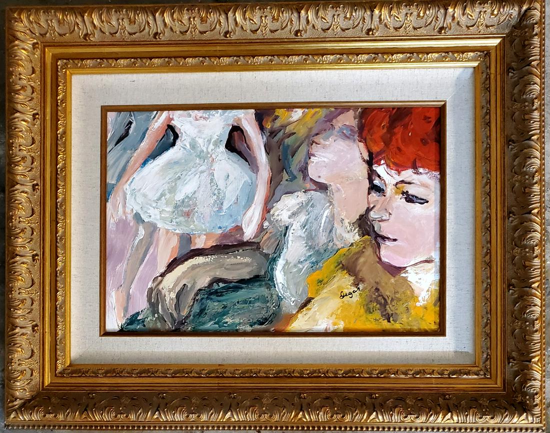 Edgar Degas Ballerinas Dancers Female French Oil Canvas: This lot consists of a hand painted Oil on canvas over media on board in the style of Edgar Degas (1834-1917). Edgar Degas was born Hilaire-Germain-Edgar De Gas, was a French artist famous for his pai