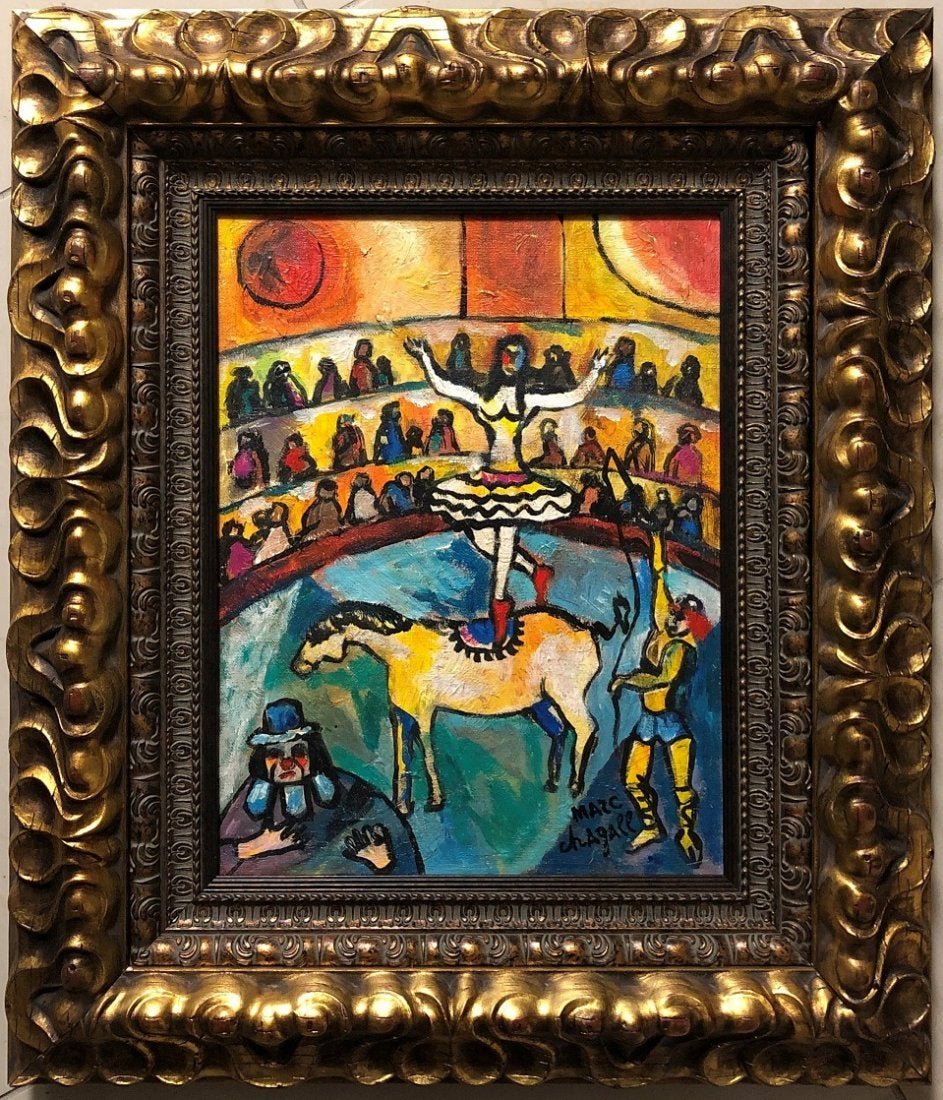 Marc Chagall Russian French Circus Ballerina Oil Canvas: This lot consists of a hand painted oil on canvas in the style of Marc Chagall. Marc Zakharovich Chagall was a Russian-French artist of Belarusian Jewish origin. An early modernist, he was associated 