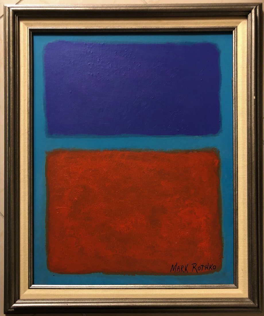 Mark Rothko Abstract Expressionism American Oil Canvas: This work consists of a hand painted oil on canvas panel illustration. Image depicts soft, rectangular forms floating on a stained field of color. This painting is done in the style of Mark Rothko(Rus