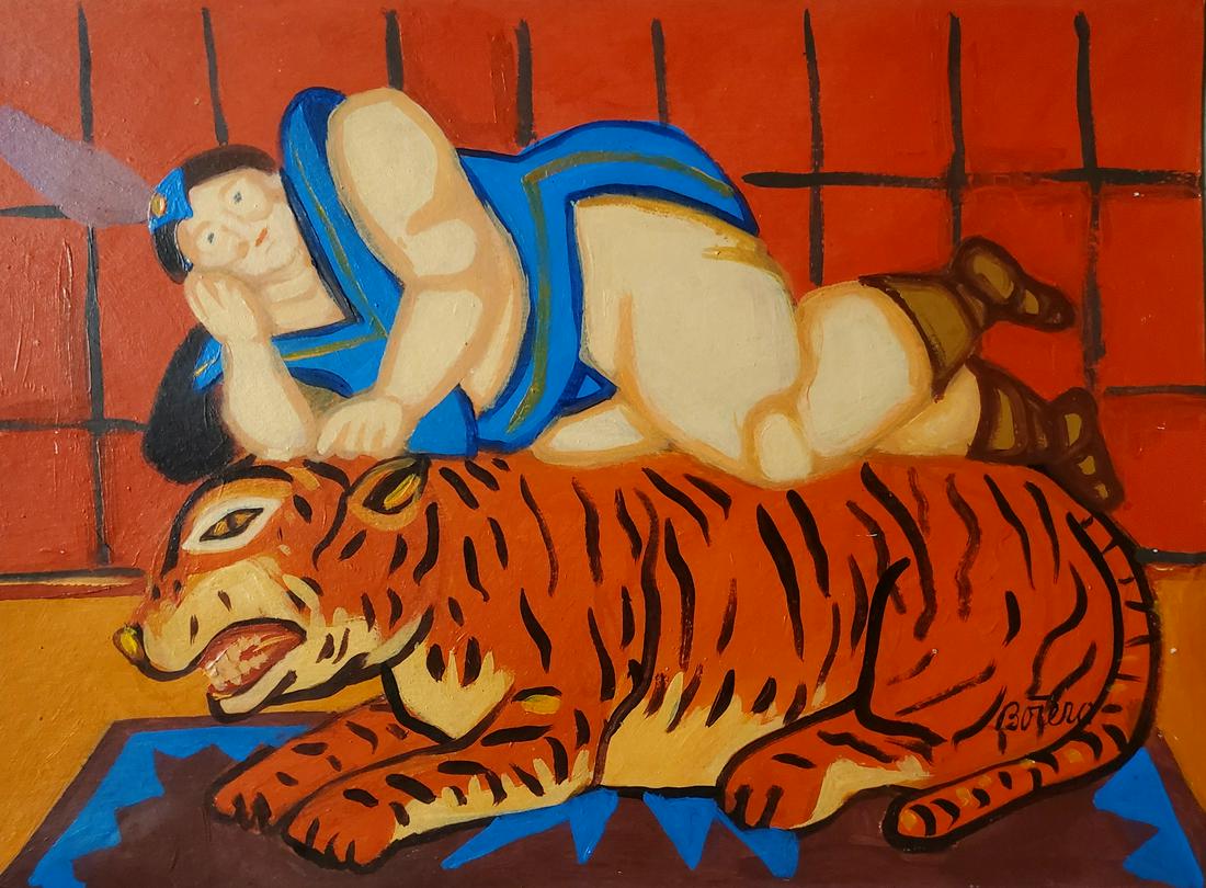 Fernando Botero Colombian Latin Man Tiger Oil: This lot consists of a hand painted oil on canvas in the style of Fernando Botero. The illustration depicts a man and a tiger in the popular -boterismo- style which consists of people and figures in l