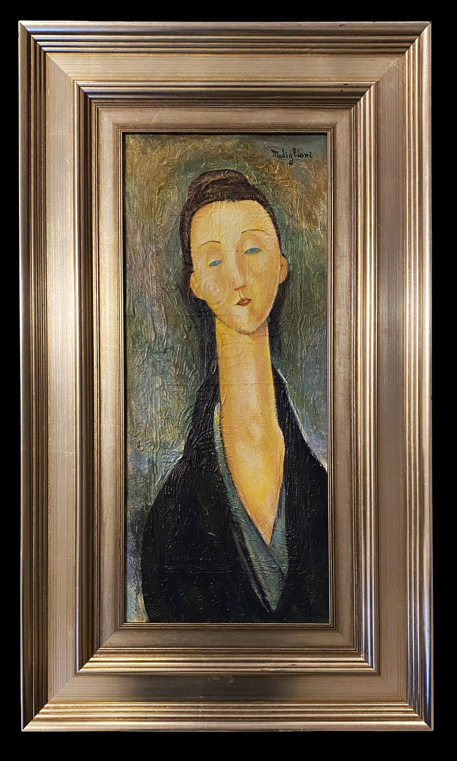 Amedeo Modigliani Portrait Women Italy Oil Canvas: This lot consists of a hand painted mixed media on canvas in style of Amedeo Modigliani. The painting depicts a women portrait elongated with a lot of texture and symbols in the background of the canv