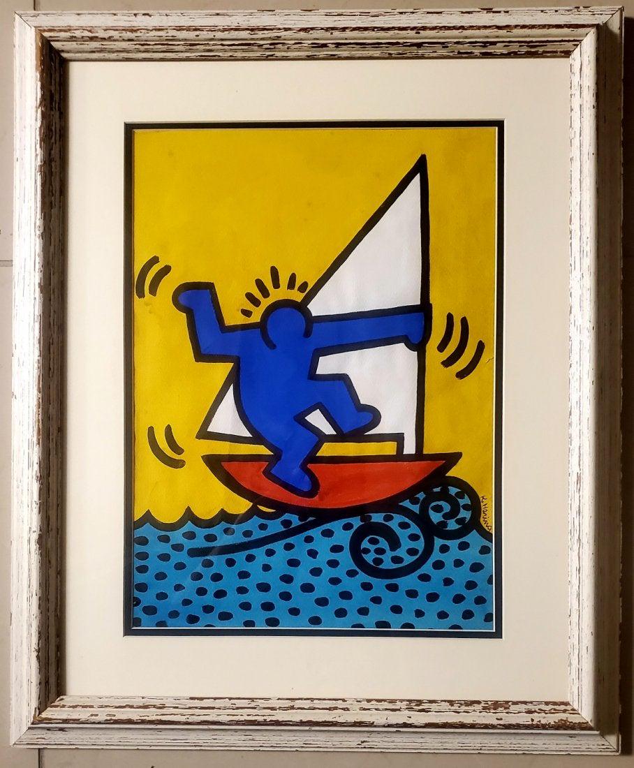 Keith Haring Painting American Pop New York Art: This lot consists of a hand-painted mixed media on hard paper in the style of Keith Haring (American, 1958-1990). Keith Haring was an American artist and social activist whose work responded to the Ne