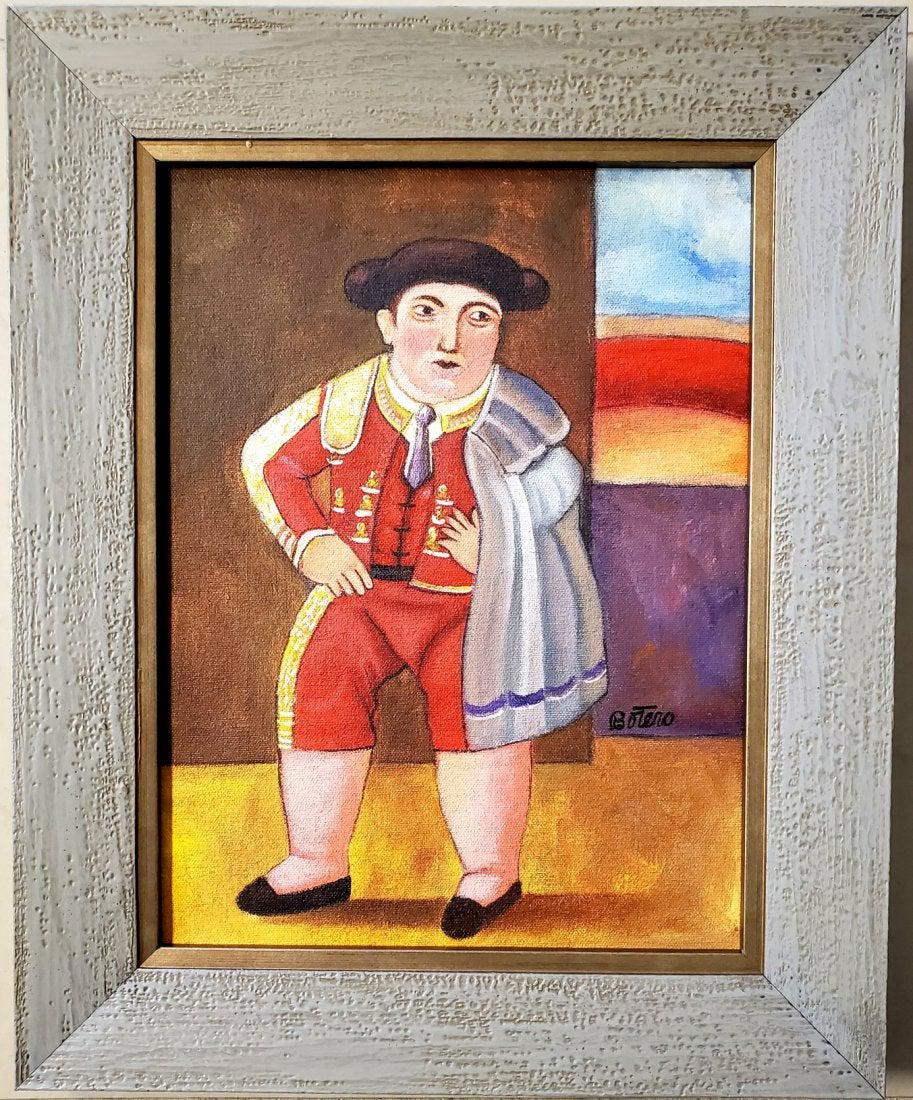 Fernando Botero Oil Canvas Colombian Torero Bullfighter: This lot consists of a hand painted oil on canvas in the style of Fernando Botero. The illustration depicts a bullfighter in the popular -boterismo- style which consists of people and figures in large