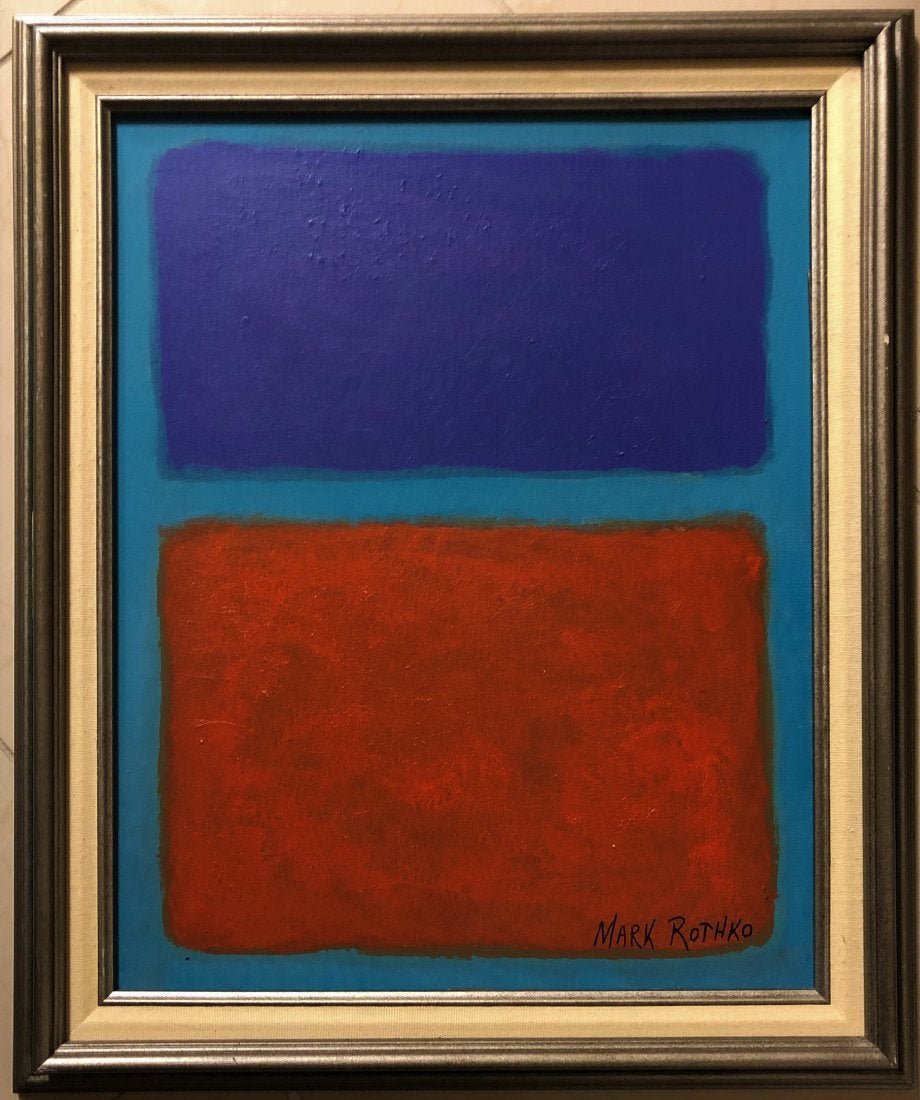 Mark Rothko Abstract Expressionism American Oil Canvas: This work consists of a hand painted oil on canvas panel illustration. Image depicts soft, rectangular forms floating on a stained field of color. This painting is done in the style of Mark Rothko(Rus