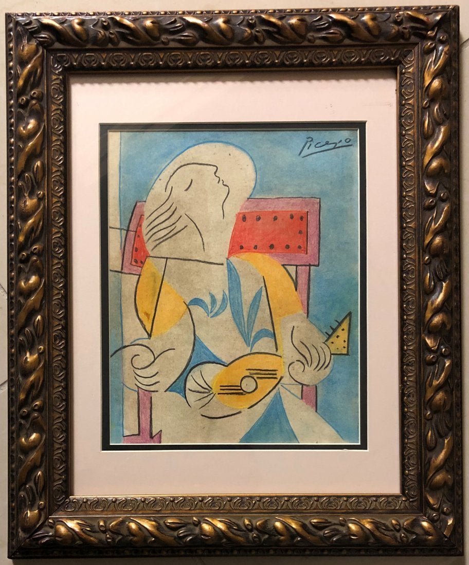 Pablo Picasso Drawing Painting Female Cubist Spanish: This lot consists of a hand painted mixed media on paper in the style of Pablo Picasso. The illustration depicts a figure of a women in the famous cubism period. Pablo Picasso (25 October 1881-8 April