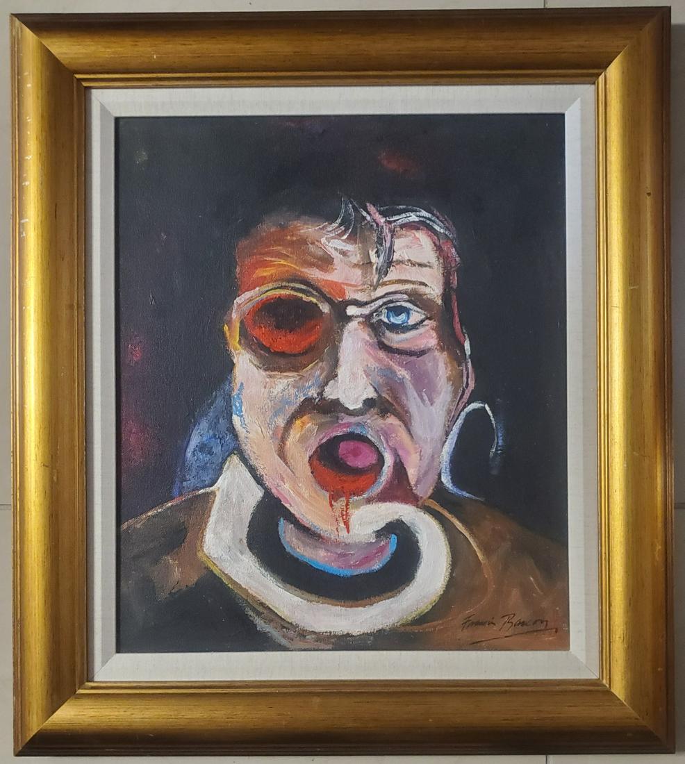 Francis Bacon Irish British Portrait Surrealist Oil Art: This lot consists of an oil on canvas painting in the style of Francis Bacon. Francis Bacon (28 October 1909 - 28 April 1992) was an Irish-born British figurative painter known for his bold, grotesque