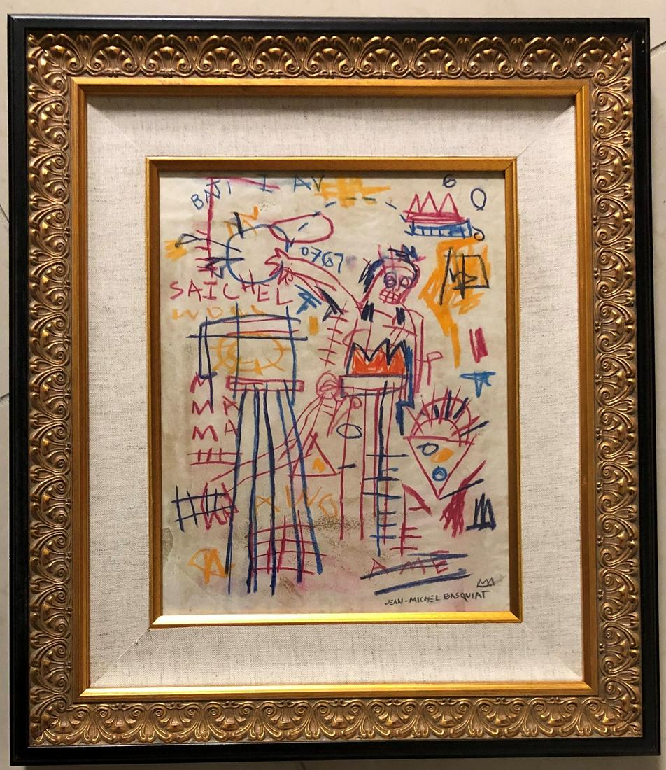 Jean Michel Basquiat Abstract Expressionist New York: This lot consists of a hand-painted mixed media on paper in the style of the elusive modern street artist, Jean-Michel Basquiat (American, 1960-1988). Jean Michel Basquiat was an American artist. Born
