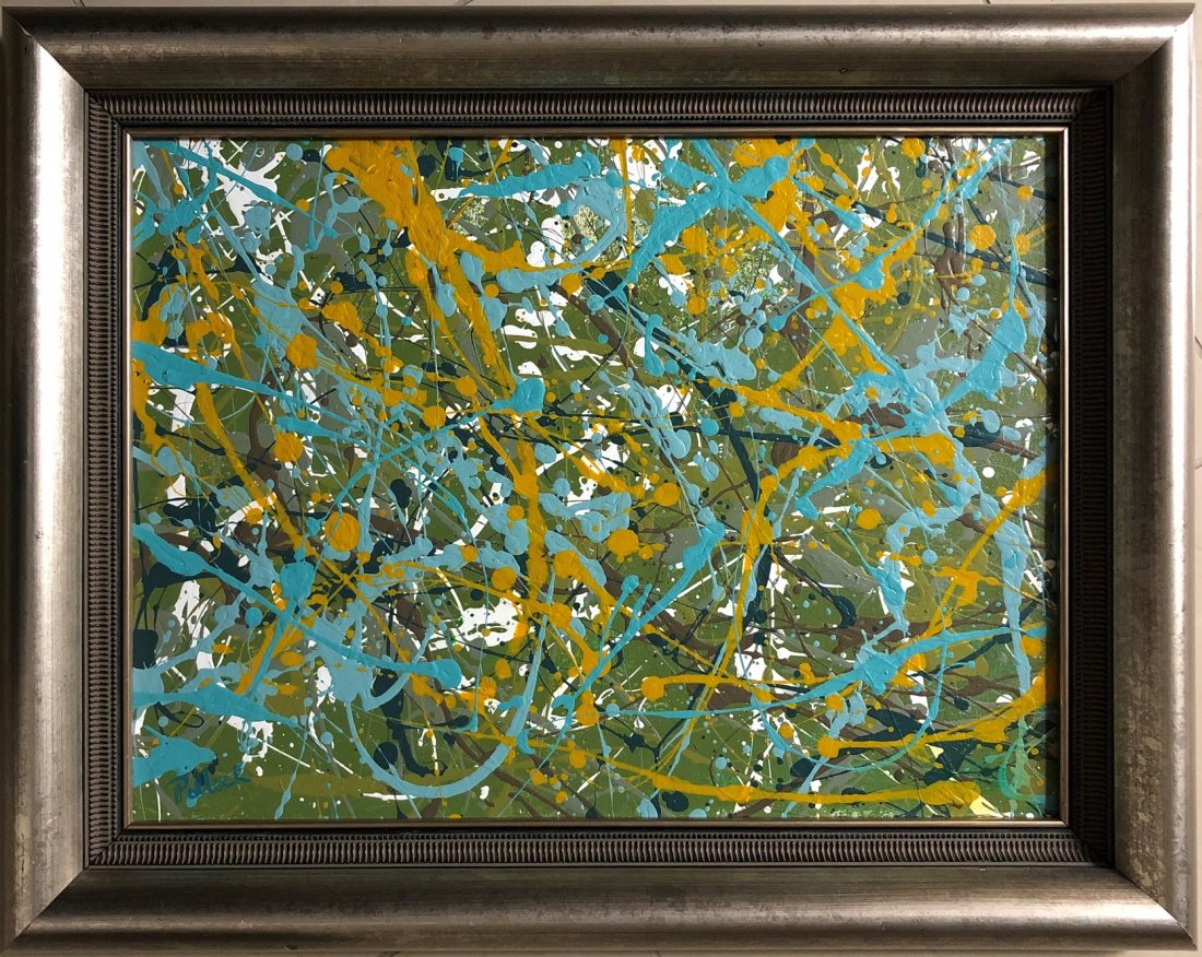 Jackson Pollock Abstract Expressionism Oil Canvas: This lot consists of an oil on canvas. Done in the prevailing, abstract expressionist style of Jackson Pollock (American, 1912-1956). Paul Jackson Pollock was an American painter and a major figure in