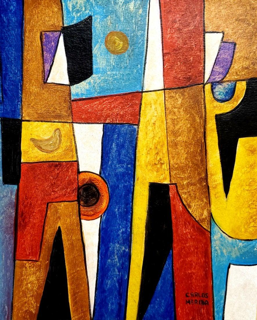 Carlos Merida Geometric Abstract Mexican Guatemalan Art: This lot consists of a hand painted mixed media on paper in the style of Carlos Merida (December 2, 1891 - December 21, 1985) was a Guatemalan artist who was one of the first to fuse European modern p