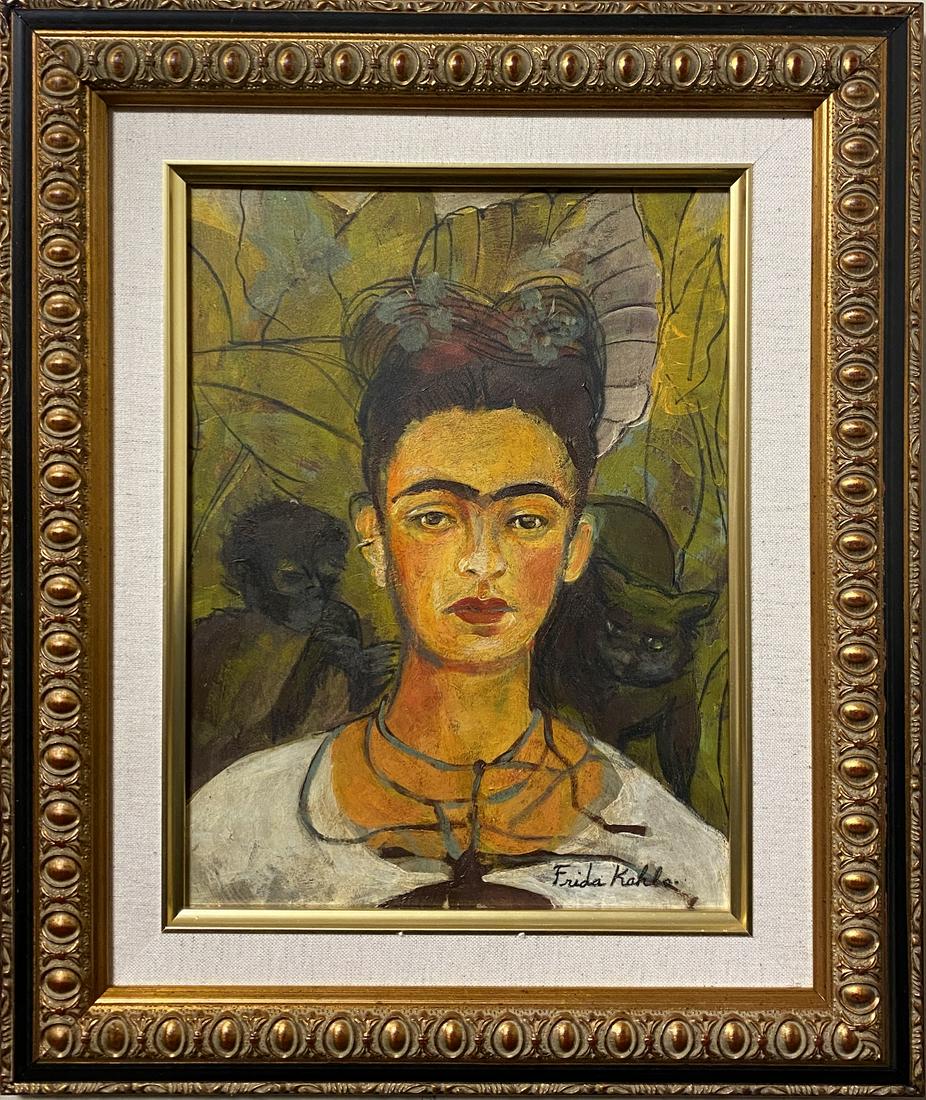 Frida Kahlo Self Portrait Mexican Oil Painting Women: This lot consists of a hand painted oil on wood portrait in the naive folk style of Frida Kahlo. Frida Kahlo de Rivera was a Mexican painter known for her self-portraits. Kahlo\'s life began and ended