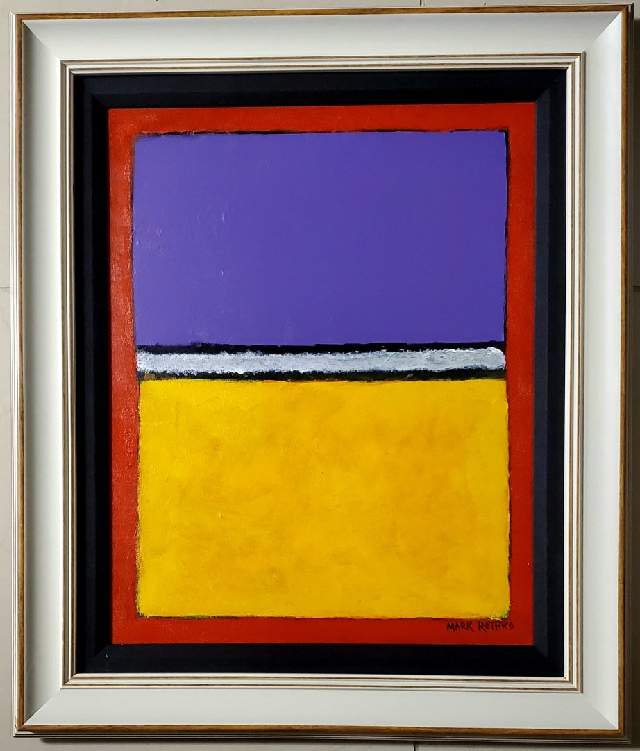 Mark Rothko Abstract Expressionism American Oil Canvas: This work consists of a hand painted oil on canvas panel illustration. Image depicts soft, rectangular forms floating on a stained field of color. This painting is done in the style of Mark Rothko(Rus