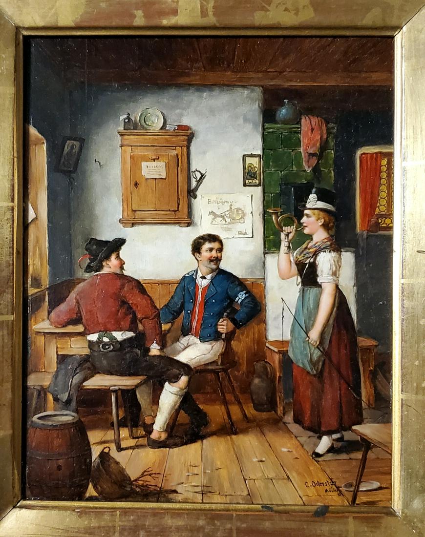 Carl Ostersetzer Austrian German Interior Hyperrealism: This lot consists of a hand painted oil on wood by famous Austrian painter Carl Ostersetzer .The illustration depicts an interior with two males and a women.Carl Ostersetzer Austrian-(1850-1914)he was