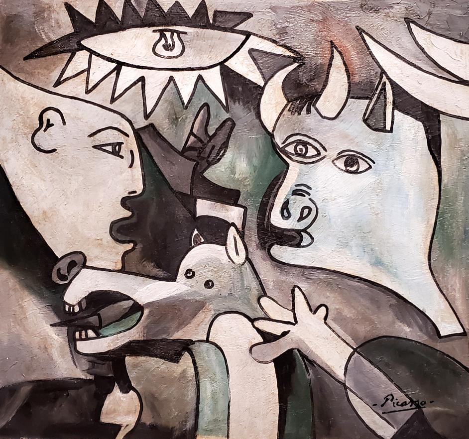 Pablo Picasso Cubism Oil Canvas Bull Horses Abstract: This lot consists of a hand painted oil on canvas in the style of Pablo Picasso. The illustration depicts a group of figures in the famous cubism period. Pablo Picasso (25 October 1881-8 April 1973) w