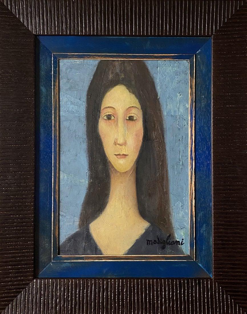 Amadeo Modigliani Women Portrait Oil Painting Canvas: This lot consists of a hand painted mixed media on canvas in style of Amedeo Modigliani. The painting depicts a women portrait elongated with a lot of texture and symbols in the background of the canv