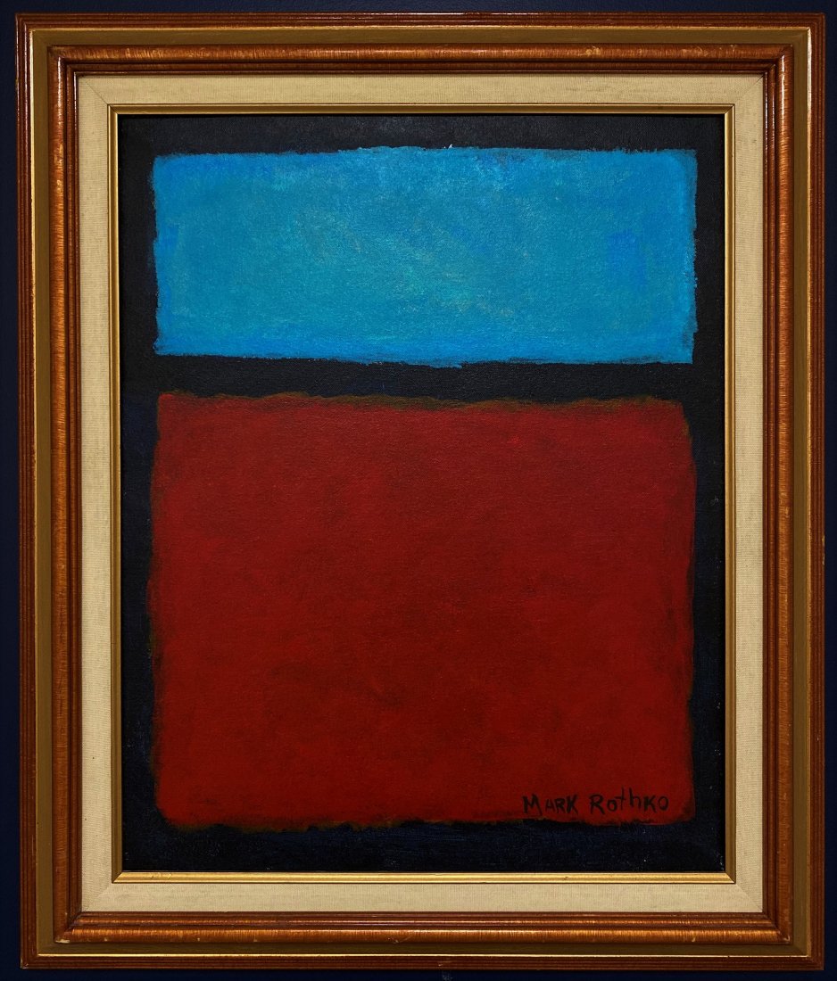 Mark Rothko Abstract Expressionism American Oil Canvas: This work consists of a hand painted oil on canvas illustration. Image depicts soft, rectangular forms floating on a stained field of color. This painting is done in the style of Mark Rothko(Russian A