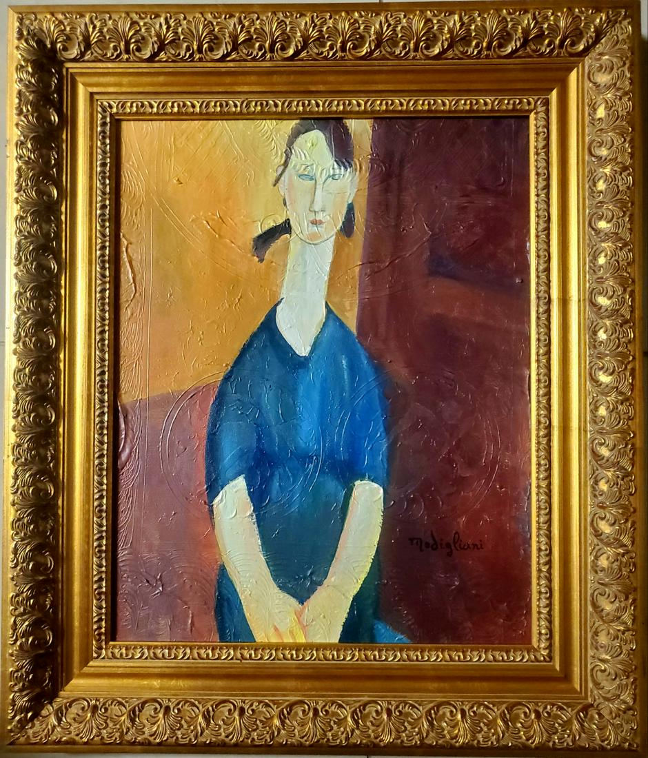 Amadeo Modigliani Women Portrait Oil Painting Canvas: This lot consists of a hand painted mixed media on canvas in style of Amedeo Modigliani. The painting depicts a women portrait elongated with a lot of texture and symbols in the background of the canv
