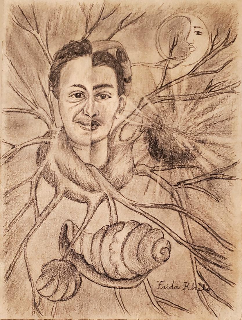 Frida Kahlo Graphite Women Self Portrait Mexican Art: This lot consists of a hand drawn graphite on hard paper in the naive folk style of Frida Kahlo. Frida Kahlo de Rivera was a Mexican painter known for her self-portraits. Kahlo\'s life began and ended