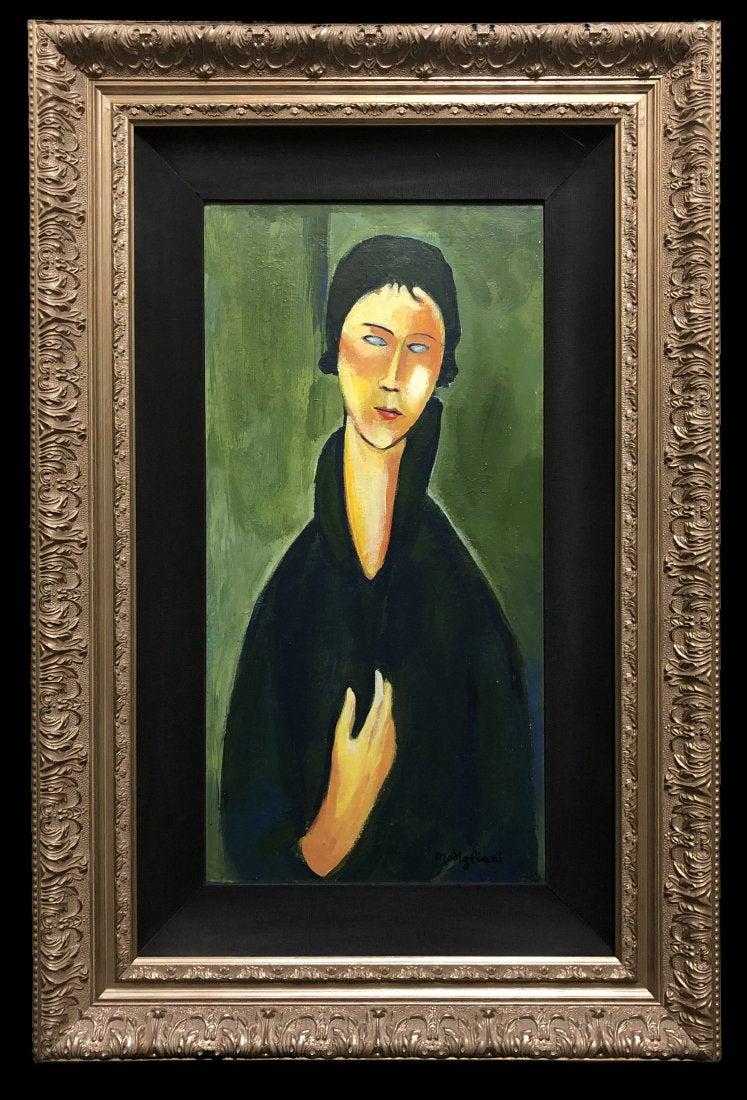 Amedeo Modigliani Portrait Female Women Oil Canvas: This lot consists of a hand painted oil on canvas in style of Amedeo Modigliani. The painting depicts a women portrait elongated. Amadeo Modigliani (July 1884 - 24 January 1920) was an Italian Jewish