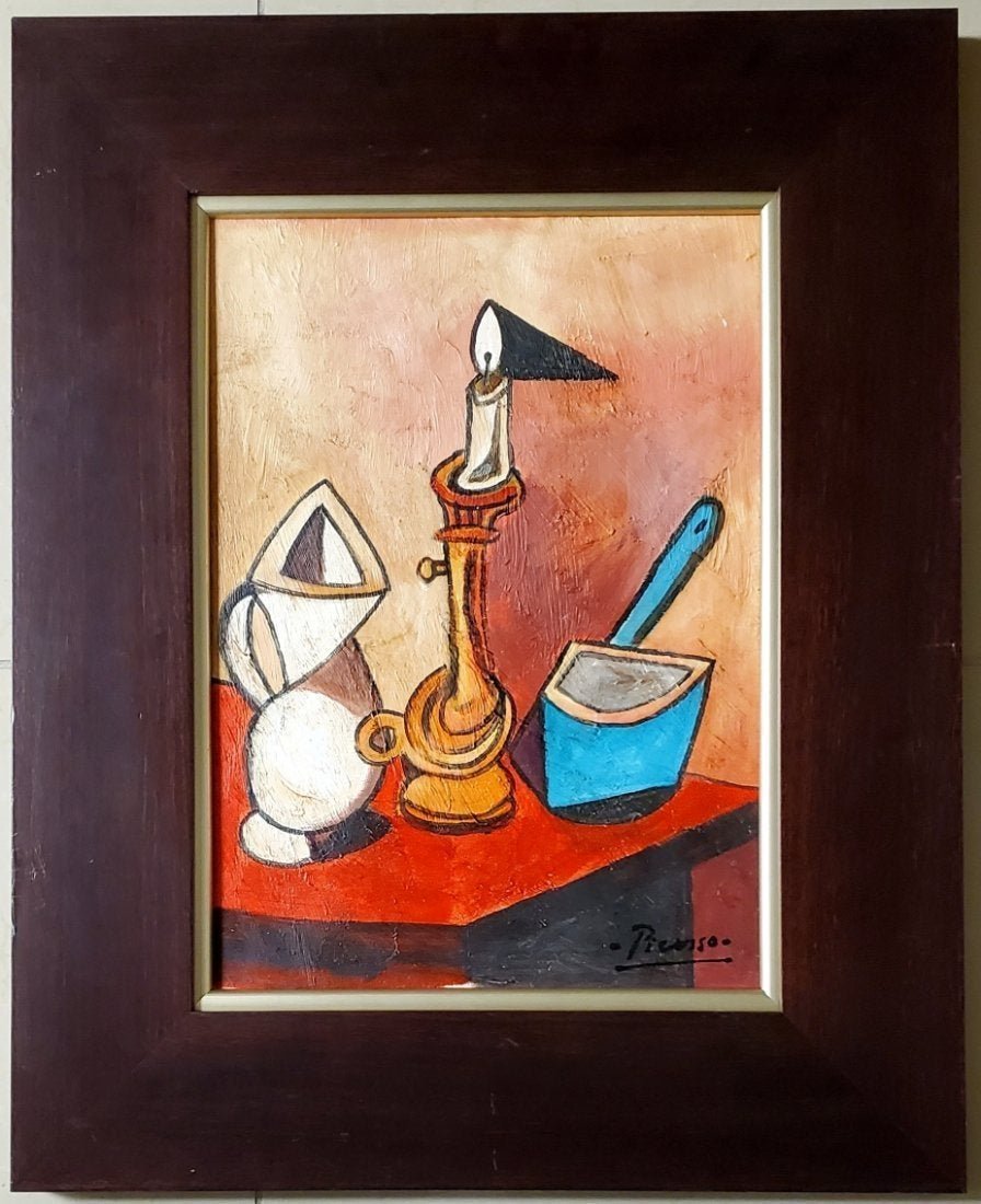 Pablo Picasso Cubist Still Life Interior Oil Canvas: This lot consists of a hand painted oil on canvas in the style of Pablo Picasso. The illustration depicts a still life in the famous cubism period. Pablo Picasso (25 October 1881-8 April 1973) was a S