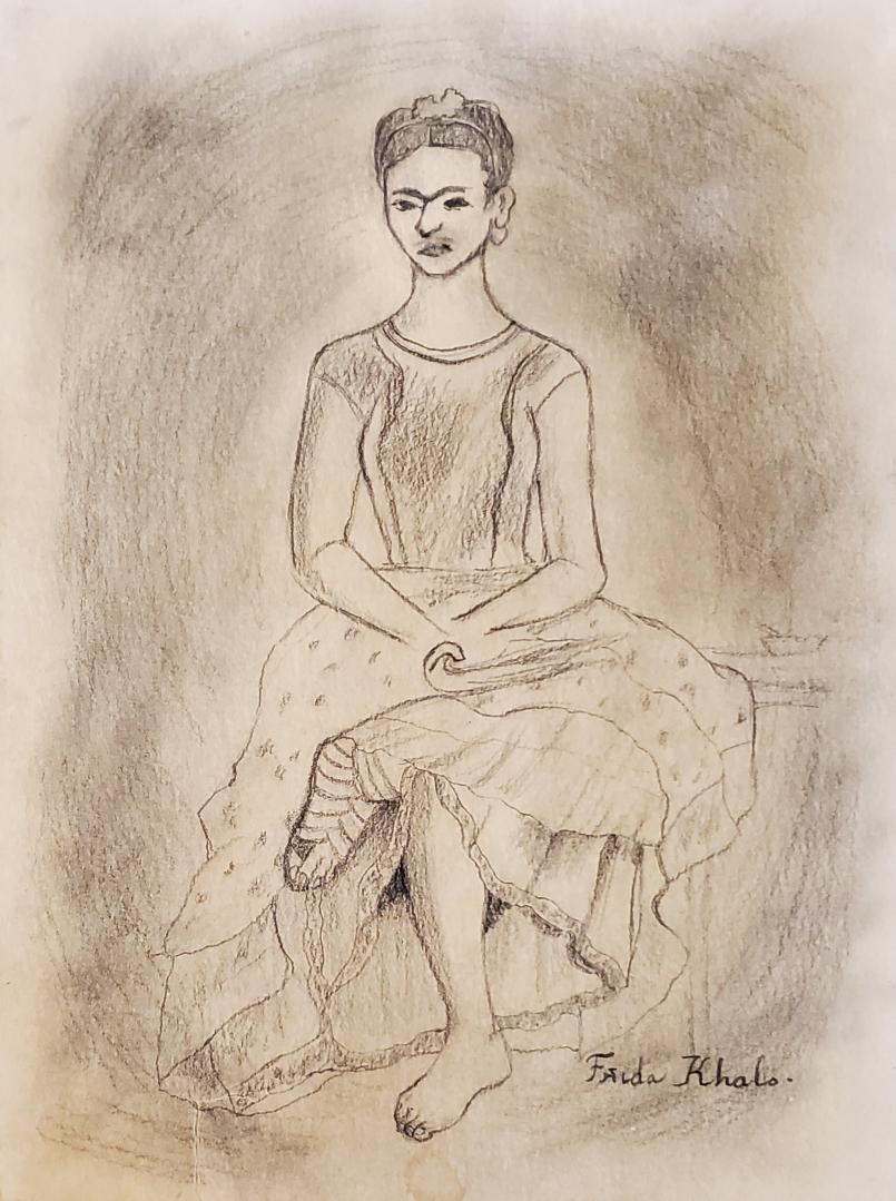 Frida Kahlo Drawing Graphite Self Portrait Mexican Art: This lot consists of a hand drawn graphite on hard paper in the naive folk style of Frida Kahlo. Frida Kahlo de Rivera was a Mexican painter known for her self-portraits. Kahlo\'s life began and ended