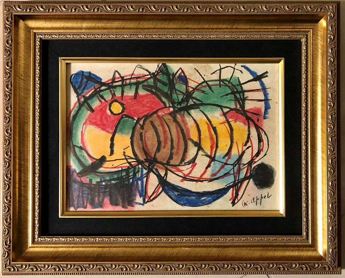 Karel Appel Abstract Figurative Dutch Avant-Garde Art: This lot consists of a hand-painted abstract figurative Figure mixed media on paper in the style of Karen Appel. Christiaan Karel Appel (pronounced [] (About this soundlisten); 25 April 1921 - 3 May 2