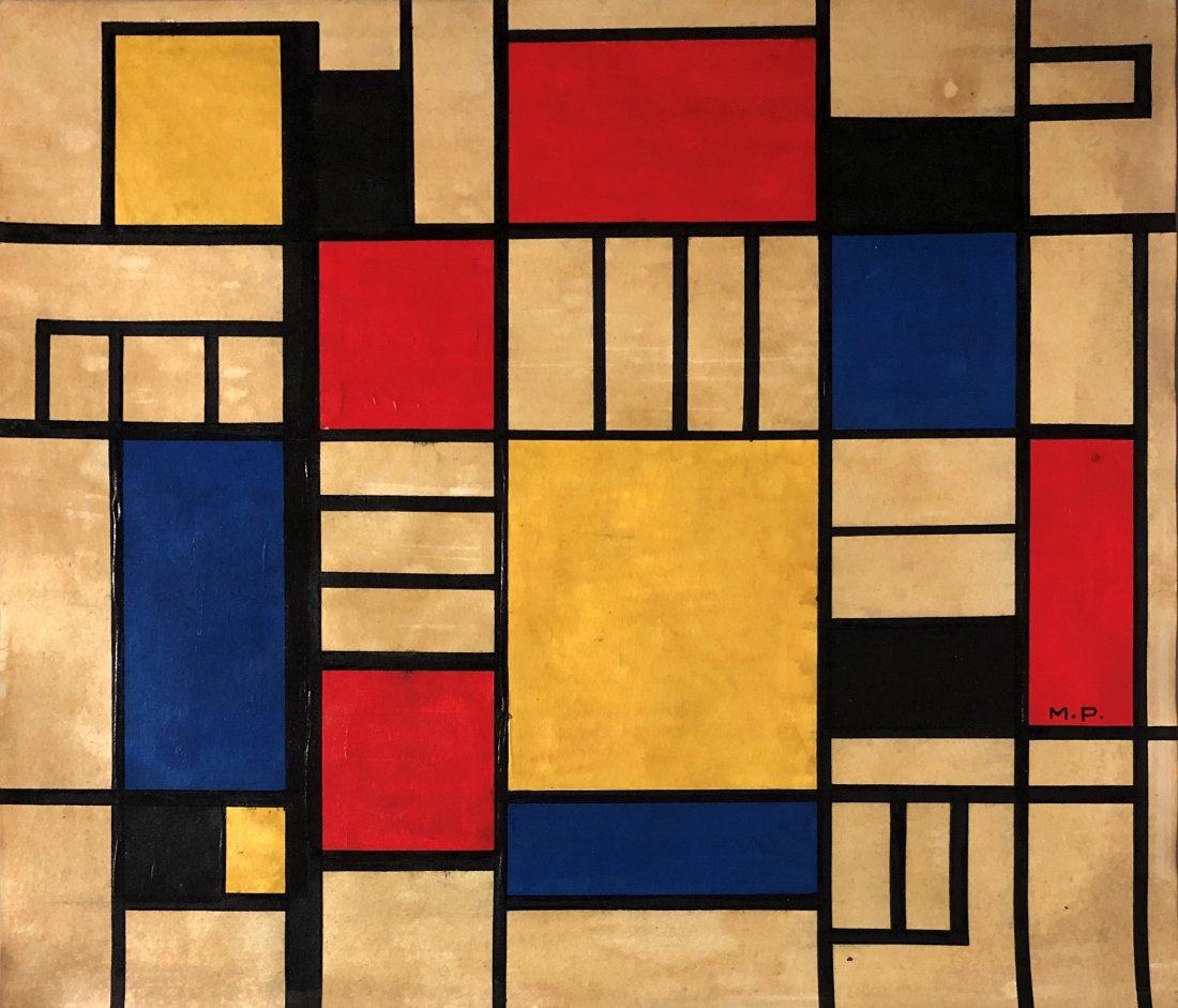 Piet Mondrian PM Dutch American Abstract: This lot consists of a hand painted mixed media on hard paper in the style of Piet Mondrian (American, 1960-1988).The painting bears a signature in the lower right corner. Mondrian was a Dutch painter