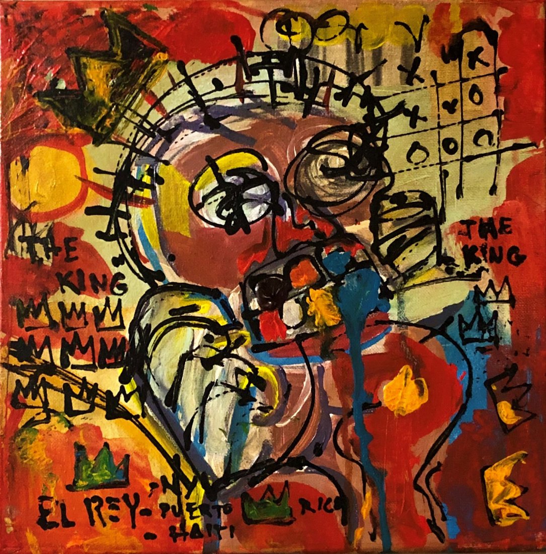 Jean Michel Basquiat Abstract Expressionist Oil Canvas: This lot consists of a hand-painted mixed media on canvas in the style of the elusive modern street artist, Jean-Michel Basquiat (American, 1960-1988). Jean Michel Basquiat was an American artist. Bor