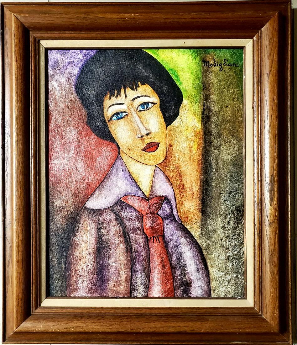 Amadeo Modigliani Women Portrait Oil Painting Canvas: This lot consists of a hand painted mixed media on canvas in style of Amedeo Modigliani. The painting depicts a women portrait elongated with a lot of texture and symbols in the background of the canv