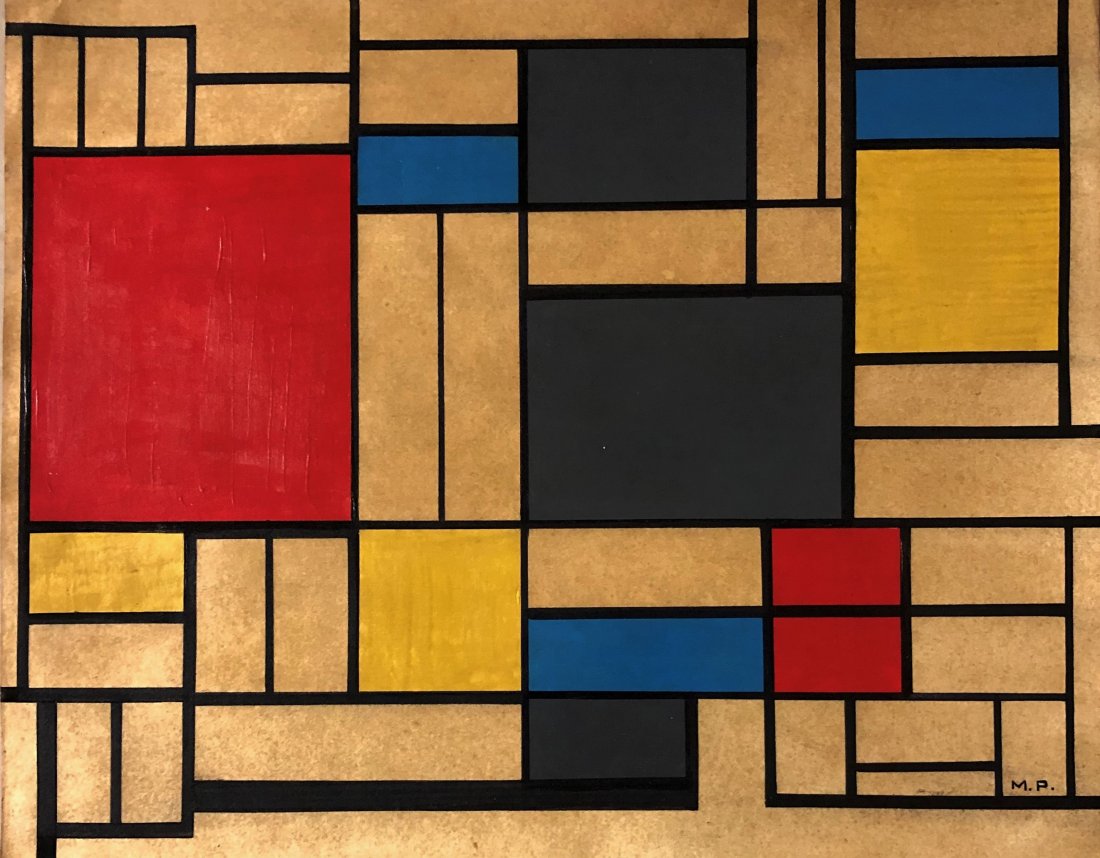 Piet Mondrian PM Dutch American Abstract Neoplasticism: This lot consists of a hand painted mixed media on hard paper in the style of Piet Mondrian (American, 1960-1988).The painting bears a signature in the lower right corner. Mondrian was a Dutch painter