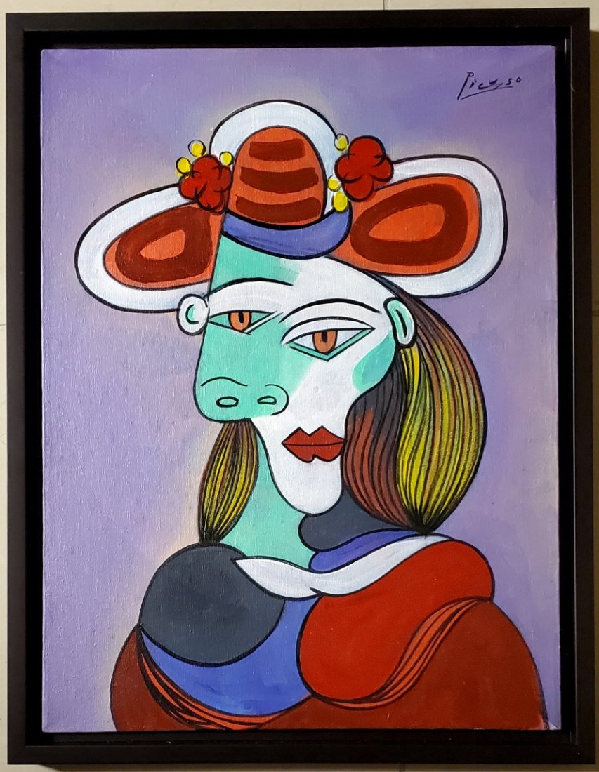 Pablo Picasso Cubist Female Women French Spanish Oil C.: This lot consists of a hand painted oil on canvas in the style of Pablo Picasso. The illustration depicts a figure of a women in the famous cubism period. Pablo Picasso (25 October 1881-8 April 1973) 