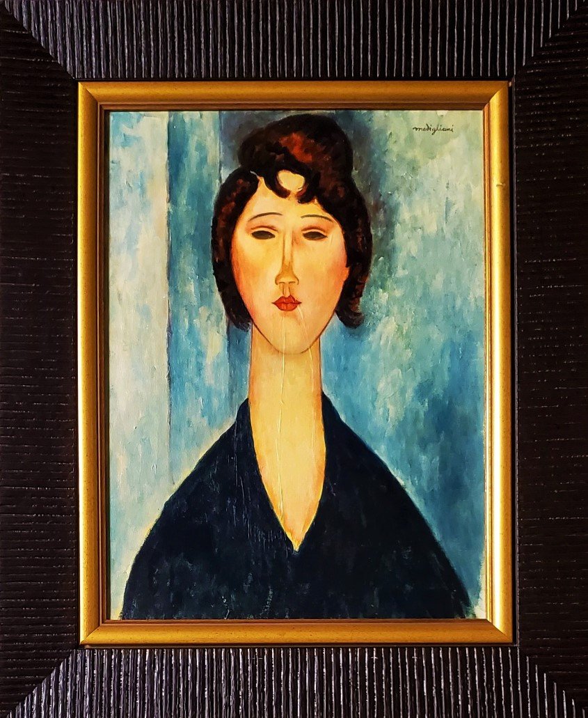 Amadeo Modigliani Women Portrait Female Oil Canvas: This lot consists of a hand painted oil on canvas in style of Amedeo Modigliani. The painting depicts a women portrait elongated. Amadeo Modigliani (July 1884 - 24 January 1920) was an Italian Jewish