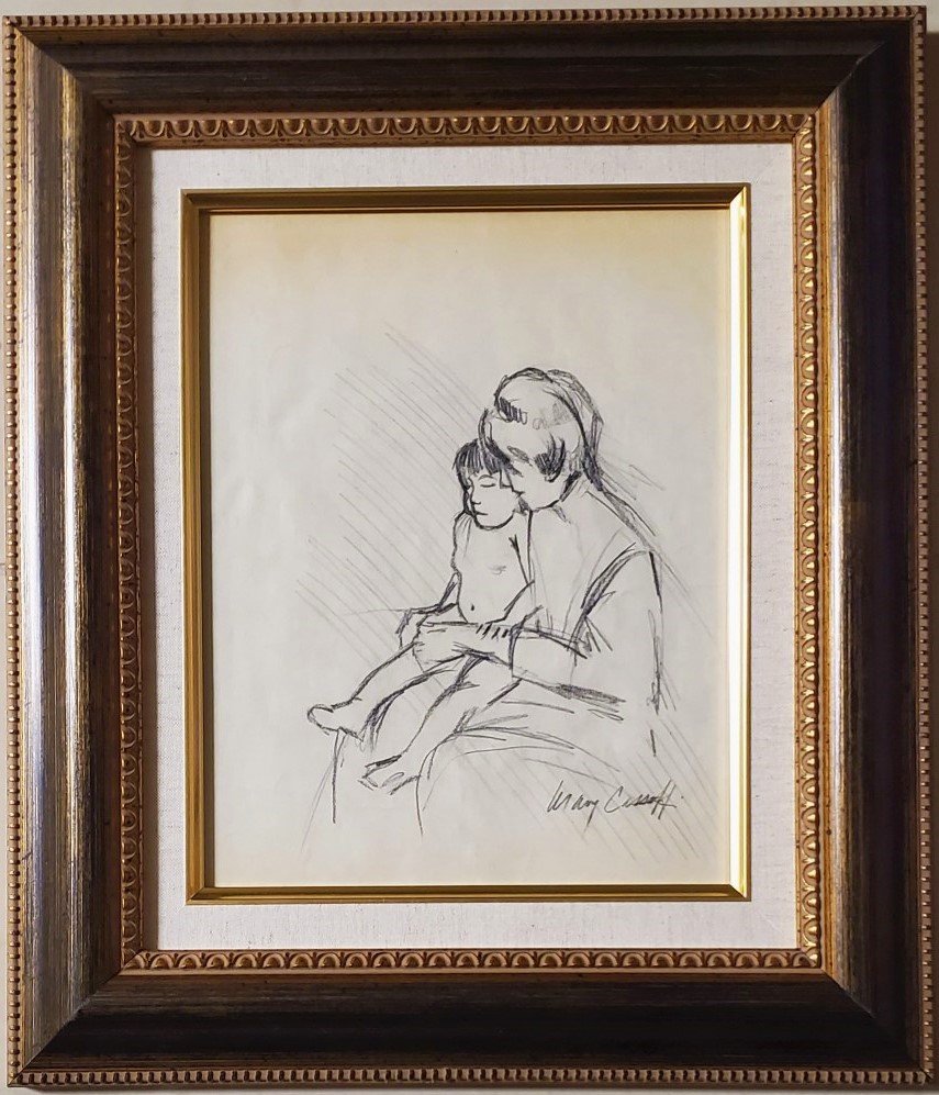 Mary Cassatt Drawing Mother Child Impressionist Art: This work consists of a hand drawn graphite on paper in the style of Mary Cassatt. The illustration depicts a motherhood in a offwhite background. Mary Stevenson Cassatt (May 22, 1844 - June 14, 1926)