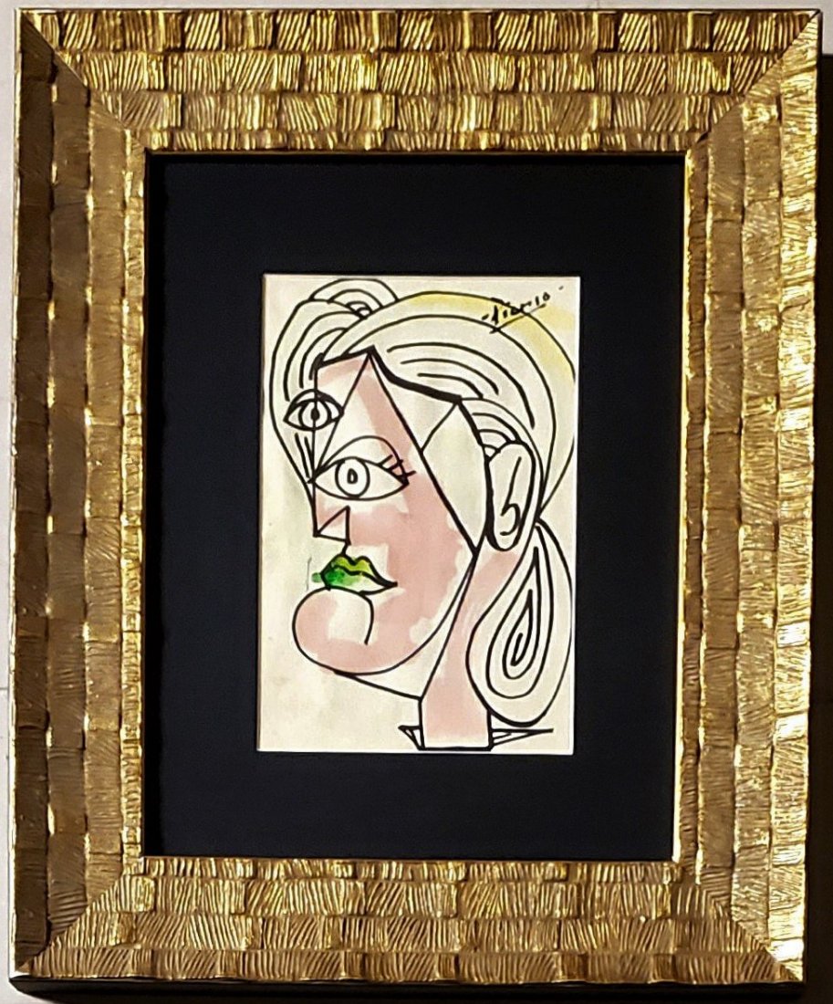 Pablo Picasso Drawing Spanish Cubist Female Portrait: This lot consists of a hand painted mixed media on paper in the style of Pablo Picasso. The illustration depicts a figure of a women in the famous cubism period. Pablo Picasso (25 October 1881-8 April