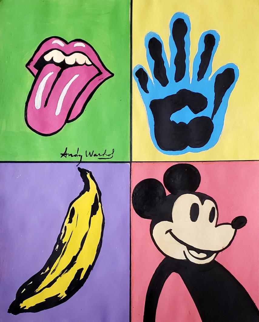 Andy Warhol Pop Art Kiss Banana Mickey Mouse Pop Art: This lot consists of a hand-painted mixed media on hard paper pop art with colorful objects micky Mouse, Banana and Kiss and Hand.Painting is in the distinct style of Andy Warhol. Andrew was born Andr