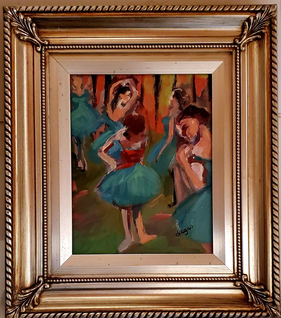 Edgar Degas Ballerinas Dancer French Impressionist Oil: This lot consists of a hand painted oil on canvas over board in the style of Edgar Degas (1834-1917). Edgar Degas was born Hilaire-Germain-Edgar De Gas. He was a French artist famous for his paintings