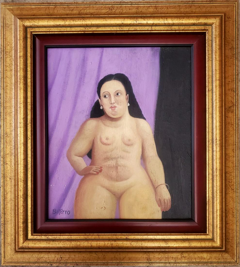 Fernando Botero Colombian Women Nude Oil Canvas-Style o: This lot consists of a hand painted oil on canvas in the style of Fernando Botero. The illustration depicts a female portrait in the popular -boterismo- style which consists of people and figures in l