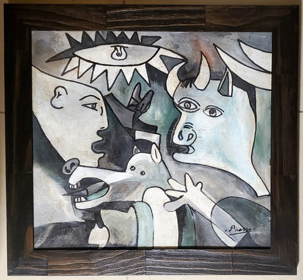 Pablo Picasso Cubism Oil Canvas Bull Horses Abstract: This lot consists of a hand painted oil on canvas in the style of Pablo Picasso. The illustration depicts a group of figures in the famous cubism period. Pablo Picasso (25 October 1881-8 April 1973) w
