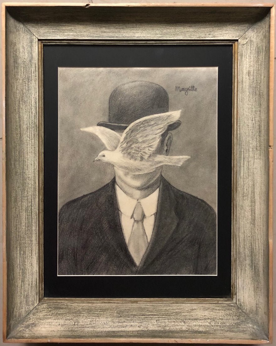 Rene Magritte Surrealist Male Gentleman Pencil Drawing: This lot consists of a hand-Drawn graphite on cardboard surrealist drawing in the style of Rene Magritte.Rene Franois Ghislain Magritte (21 November 1898 -15 August 1967) was a Belgian surrealist arti