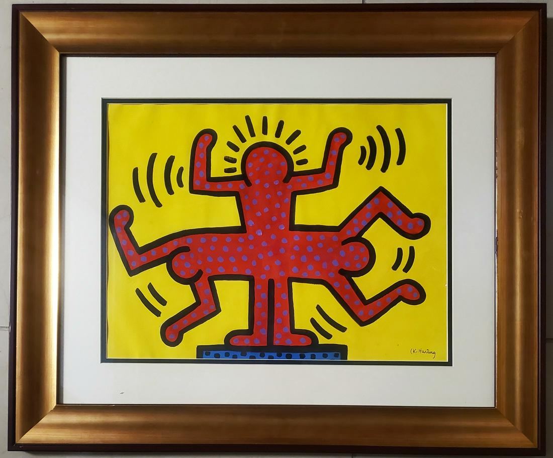 Keith Haring Painting American Pop New York Art Drawing: This lot consists of a hand-painted mixed media on paper in the style of Keith Haring (American, 1958-1990). Keith Haring was an American artist and social activist whose work responded to the New Yor