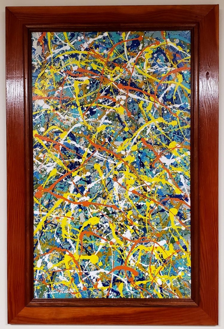 Jackson Pollock Oil Canvas Abstract Expressionism Large: This lot consists of hand painted oil on canvas. Done in the prevailing, abstract expressionist style of Jackson Pollock (American, 1912-1956). Paul Jackson Pollock was an American painter and a major