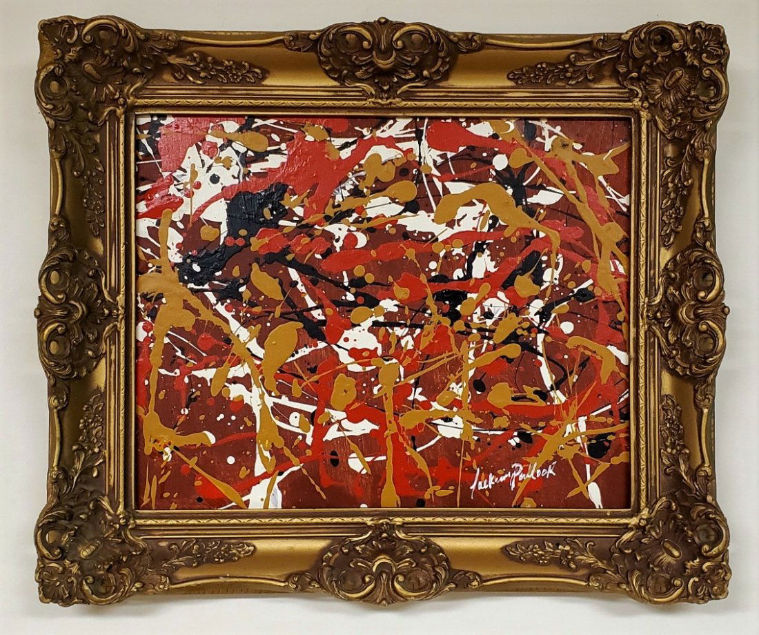 Jackson Pollock Abstract Expressionism American Oil Can: This lot consists of hand painted oil on canvas. Done in the prevailing, abstract expressionist style of Jackson Pollock (American, 1912-1956). Paul Jackson Pollock was an American painter and a major