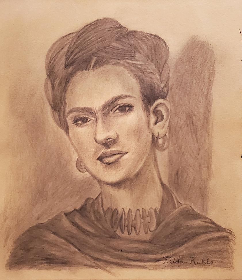 Frida Kahlo Drawing Self Portrait Mexican Female Art: FREE SHIPPING WORLDWIDE ON THIS AUCTION This lot consists of a hand drawn graphite on hard paper portrait in the naive folk style of Frida Kahlo. Frida Kahlo de Rivera was a Mexican painter known for