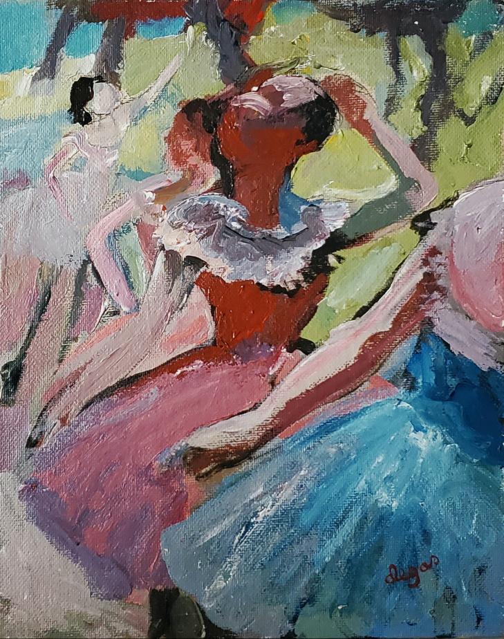Edgar Degas Impressionist Ballerina Dancer Oil Canvas: FREE SHIPPING WORLDWIDE ON THIS AUCTION This lot consists of a hand painted oil on canvas board in the style of Edgar Degas (1834-1917). Edgar Degas was born Hilaire-Germain-Edgar De Gas, was a French