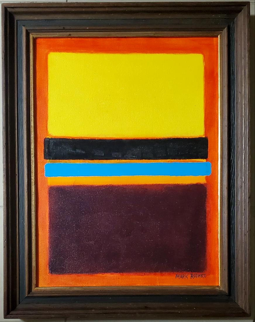 Mark Rothko Abstract Expressionism American Oil Canvas: FREE SHIPPING WORLDWIDE ON THIS AUCTION This work consists of a hand painted oil on canvas illustration. Image depicts soft, rectangular forms floating on a stained field of color. This painting is do