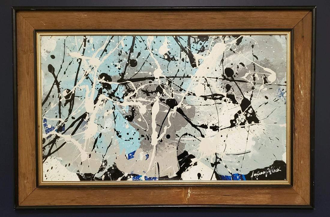 Jackson Pollock Abstract Expressionism American Oil Can: FREE SHIPPING WORLDWIDE ON THIS AUCTION This lot consists of hand painted oil on canvas. Done in the prevailing, abstract expressionist style of Jackson Pollock (American, 1912-1956). Paul Jackson Pol